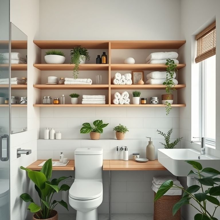 Banheiro sempre organizado: prateleiras minimalistas, toalhas enroladas e plantas.