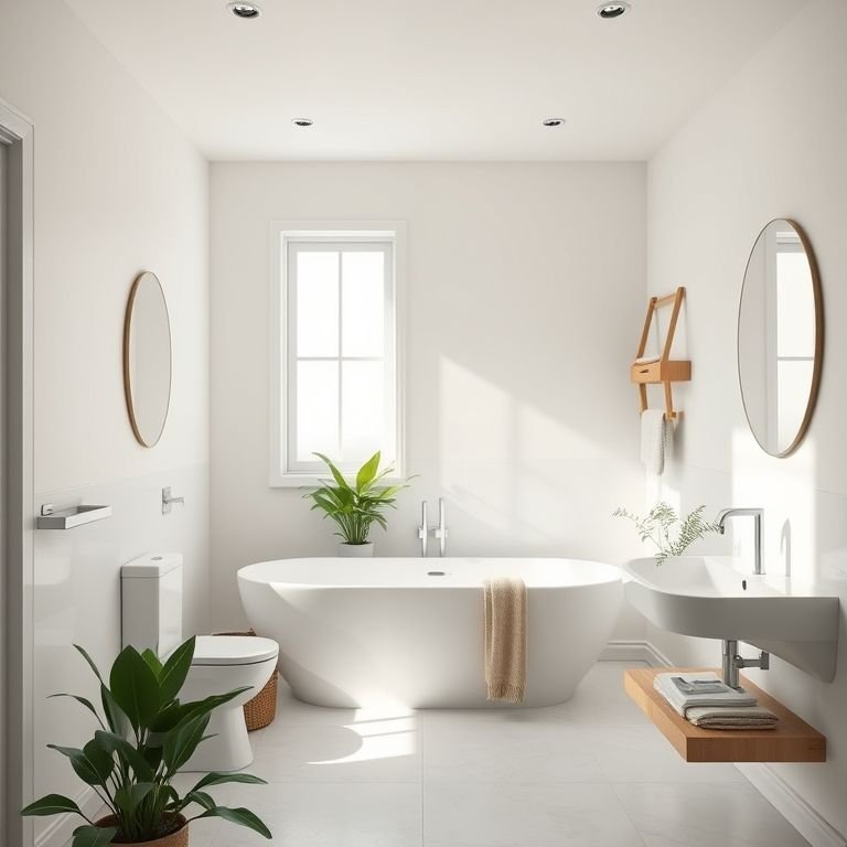 Banheiro simples e elegante com iluminação natural e decoração minimalista.