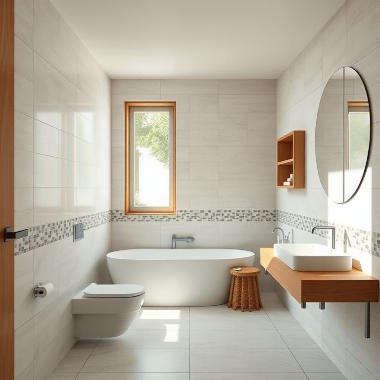 Banheiro sob a escada com revestimentos claros e detalhes em mosaico.