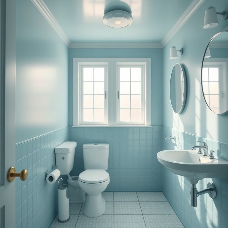 Banheiro social com paredes azul claro, acessórios brancos e luz natural.