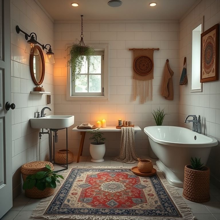 Banheiro social com tapete aconchegante, velas perfumadas e pequenas plantas.