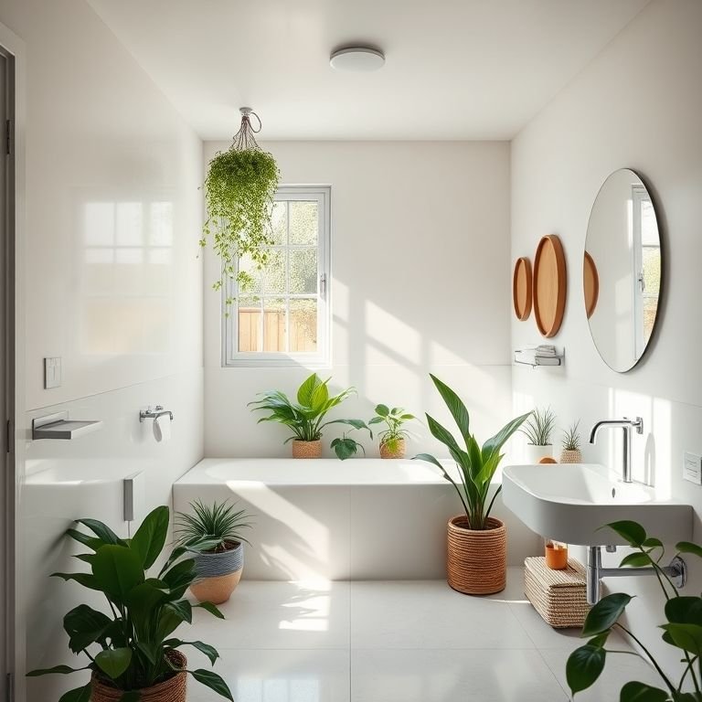 Banheiro social decorado em estilo brasileiro moderno, com iluminação natural e plantas.