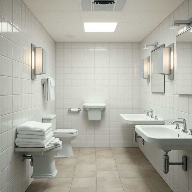 Banheiro social limpo e organizado, com toalhas frescas e superfícies impecáveis.