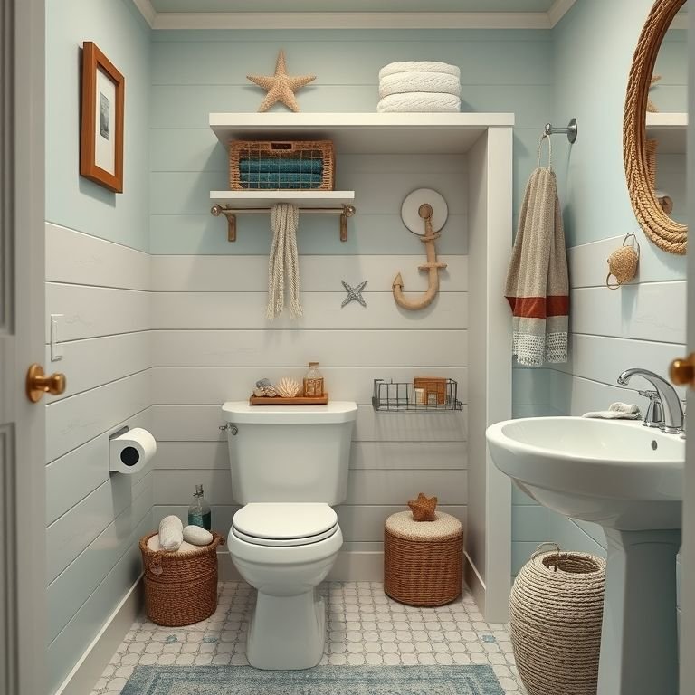 Banheiro temático com caixa de areia combinando com a decoração.