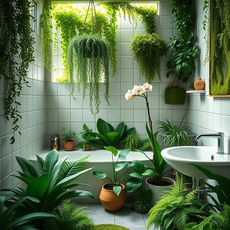 Banheiro verde musgo com plantas que harmonizam com a cor e o ambiente.
