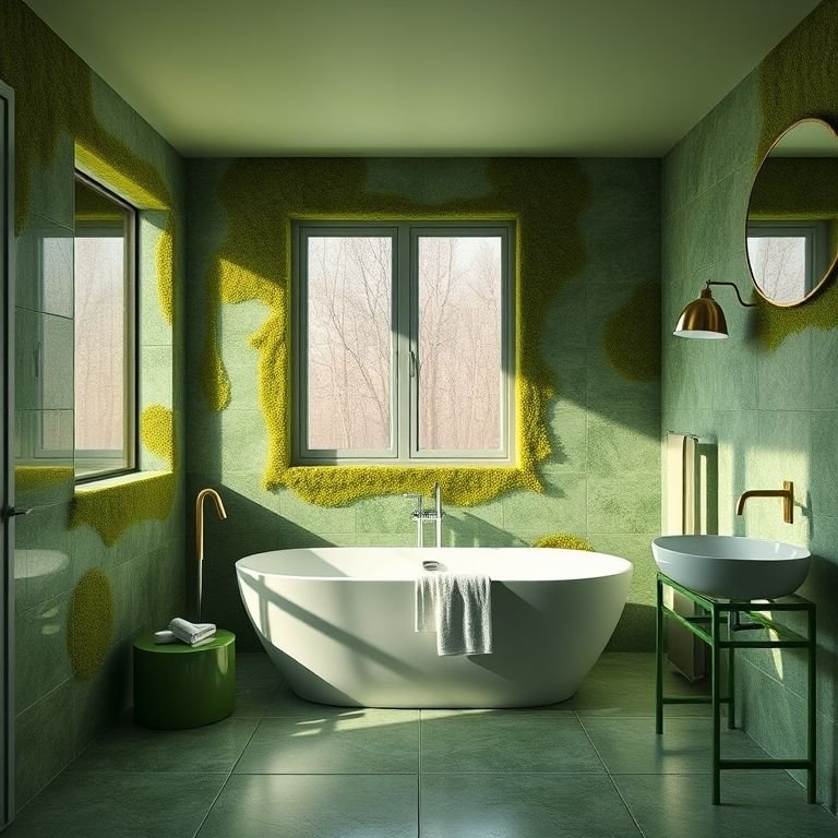 Banheiro verde musgo que inspira relaxamento e bem-estar.