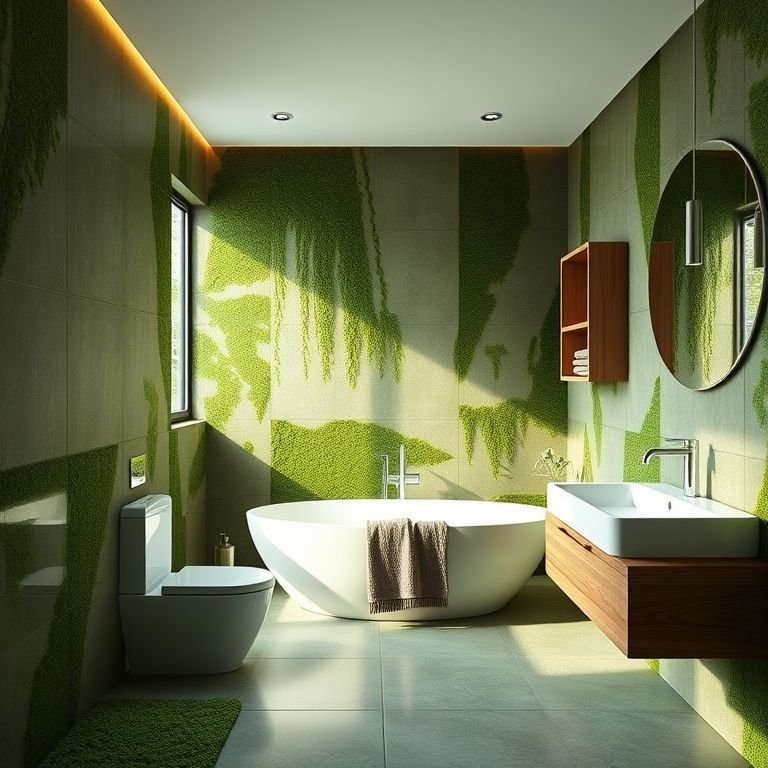 Banheiro verde musgo sofisticado com iluminação natural e design minimalista.