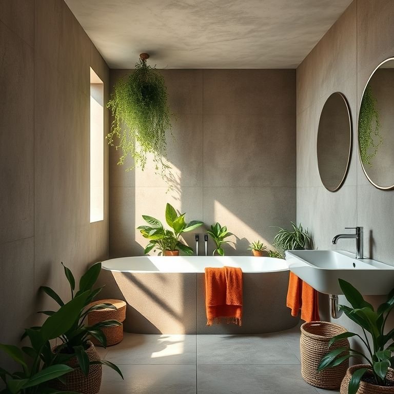 Banheiro versátil com cimento queimado e decoração vibrante.