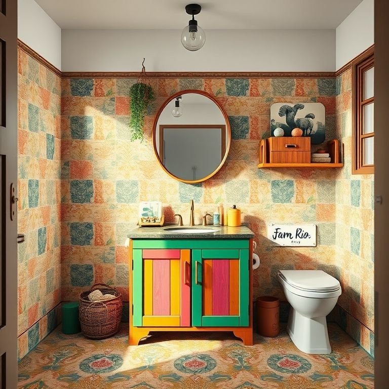 Banheiro vibrante com armário colorido e design brasileiro.