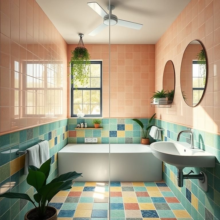 Banheiro vibrante com azulejos coloridos e acessórios modernos, luz natural e plantas.