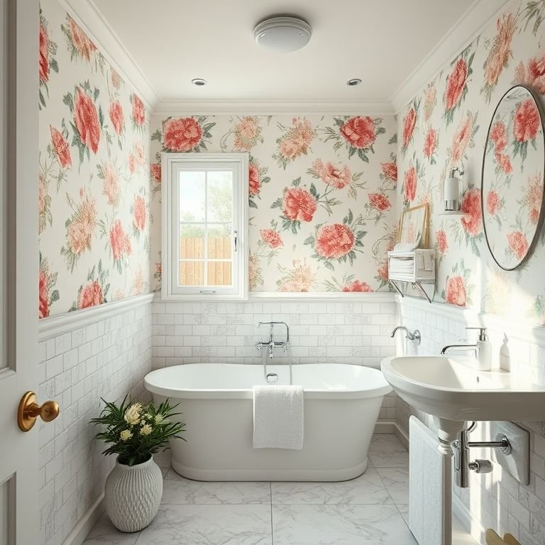 Banheiro vibrante com papel de parede floral e luz natural.