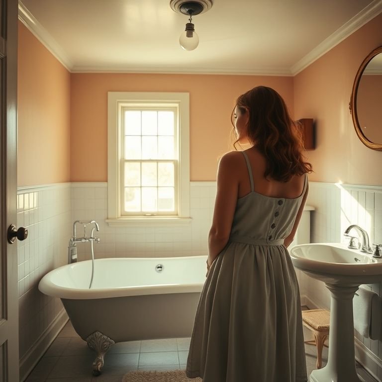 Banheiro vintage com banheira de pés e luz solar.