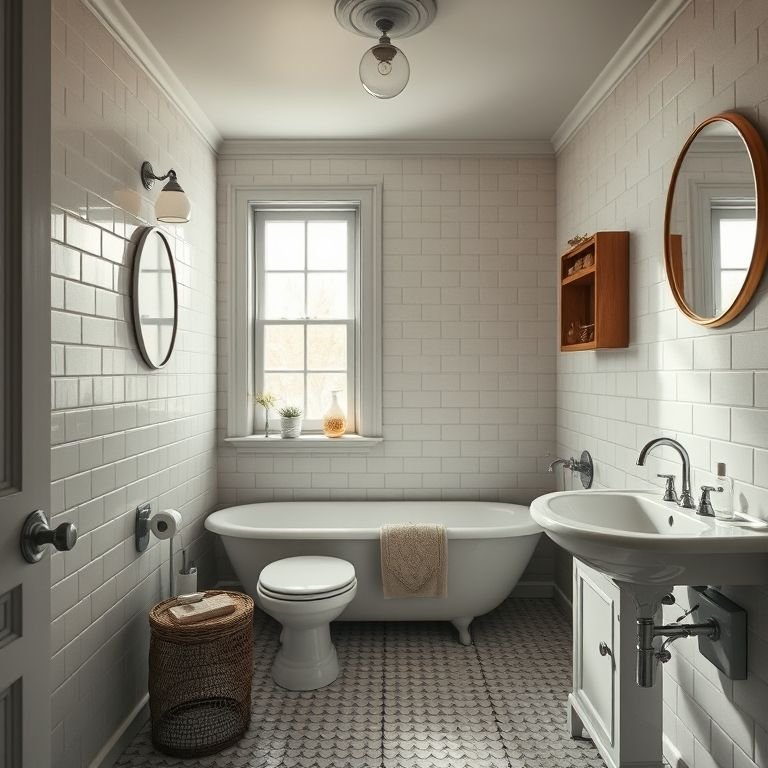 Banheiro vintage com elementos modernos.