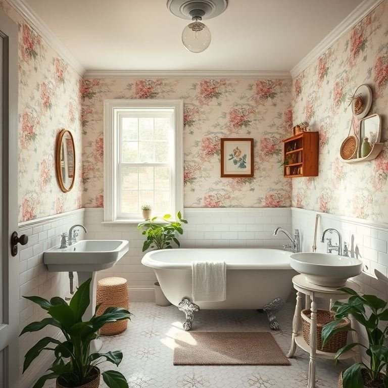 Banheiro vintage com papel de parede floral, banheira de pés e luz natural.