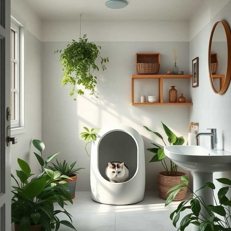 Banheiro zen com caixa de areia fechada e decoração relaxante.