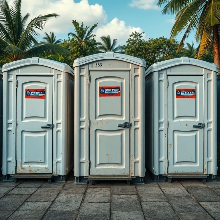 Banheiros químicos usados em diferentes regiões do Brasil.