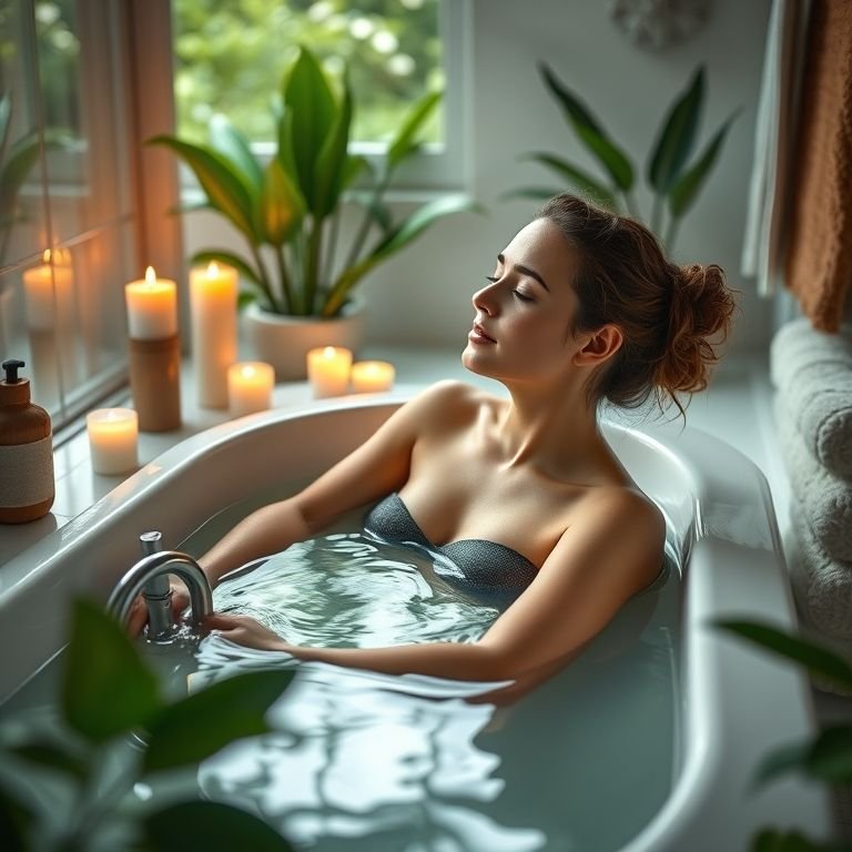 Banho relaxante em banheiro ecológico com óleos essenciais.