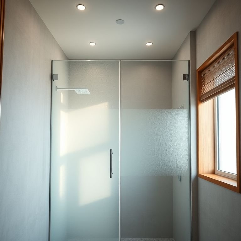 Box até o teto com vidro fosco, garantindo privacidade e conforto acústico.