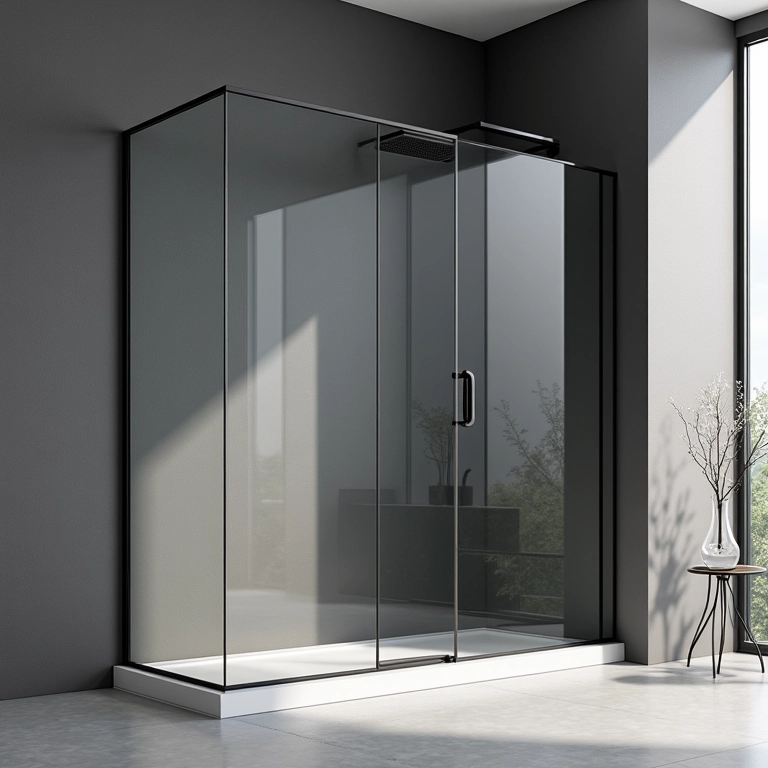 Box de vidro ampliando um banheiro cinza e preto, com design clean e iluminação natural.