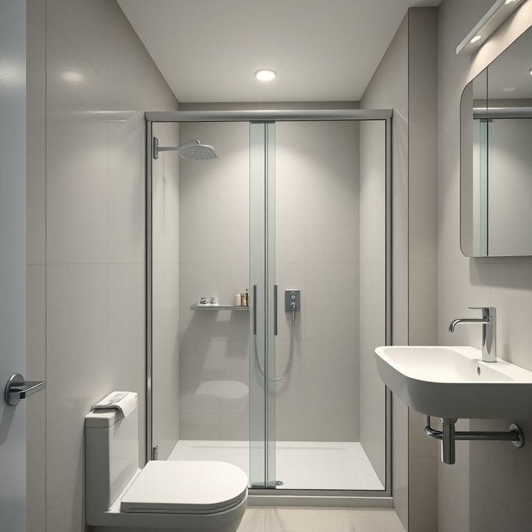 Box de vidro e porta de correr em banheiro pequeno.