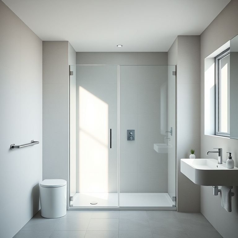 Box de vidro elegante em banheiro moderno com design minimalista e luz natural.