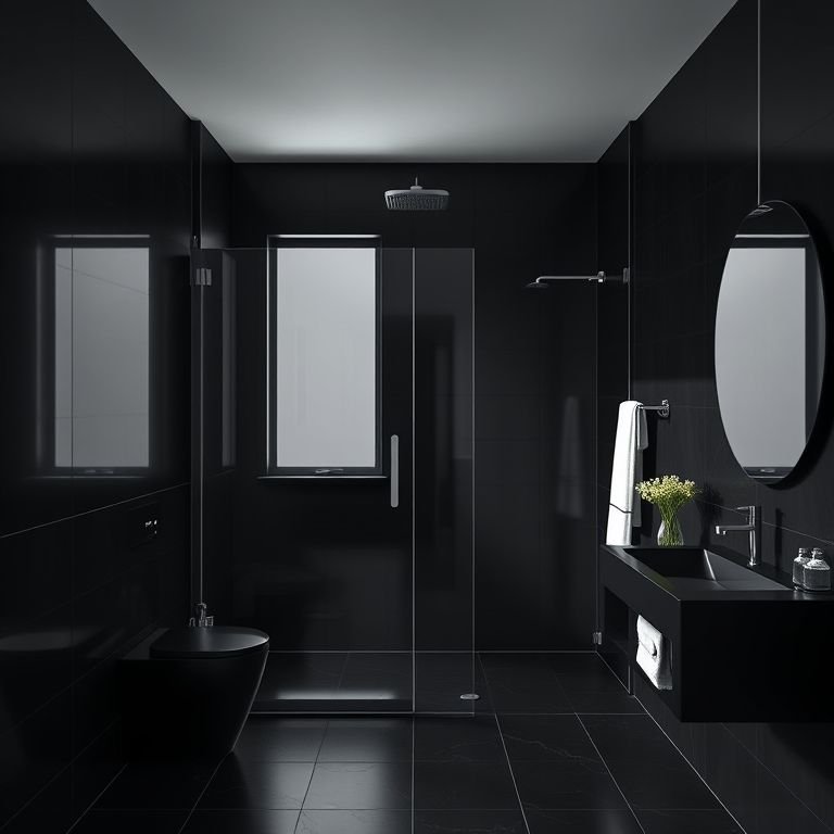 Box de vidro em um banheiro preto.