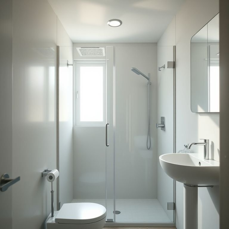 Box de vidro transparente em um banheiro pequeno.