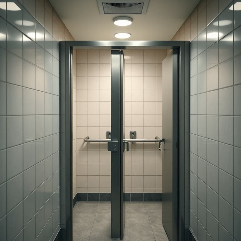 Cabine de banheiro público com porta trancada garantindo privacidade.