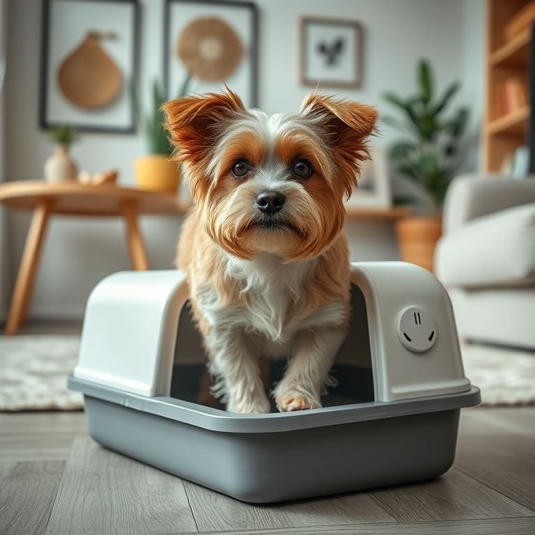 Cachorro de pequeno porte usando caixa de areia como banheiro em apartamento.