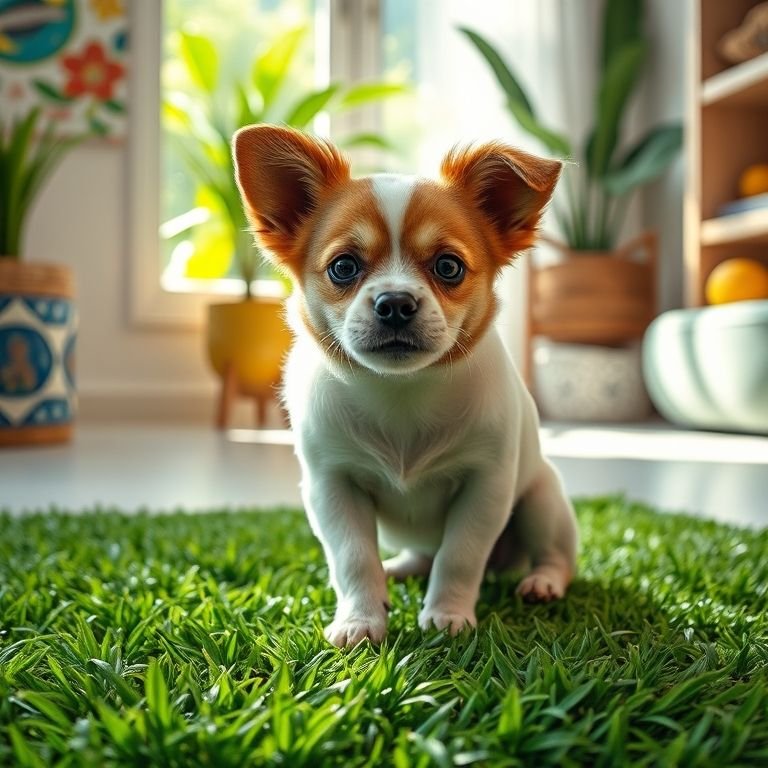 Cachorro pequeno usando grama sintética como banheiro dentro de casa.