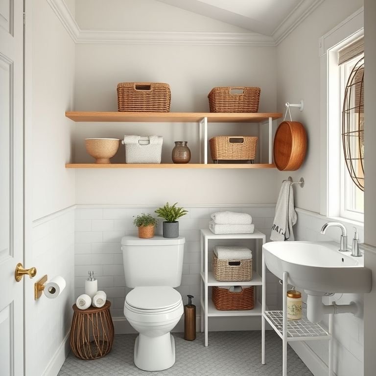 Cantinho de banheiro em L com soluções de armazenamento inteligentes.