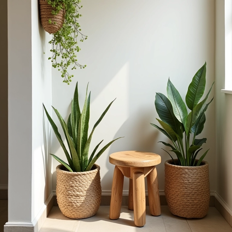 Canto aconchegante do banheiro com banco de madeira e plantas decorativas em cestos.