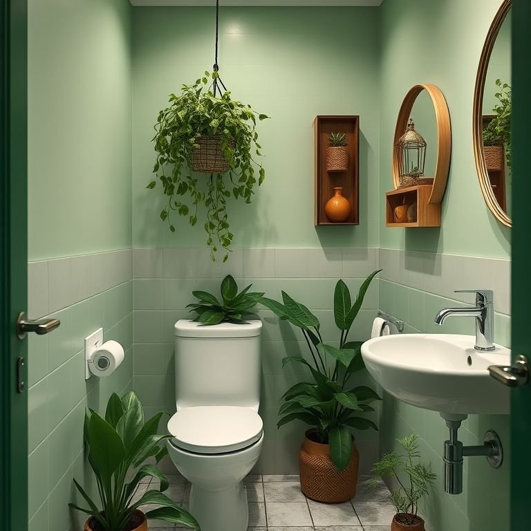 Canto verde com plantas em lavabo aconchegante.