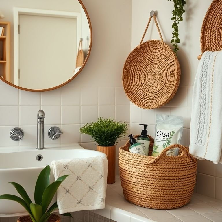 Cestos de palha da Casa Riachuelo organizando produtos de higiene pessoal em um banheiro boho.
