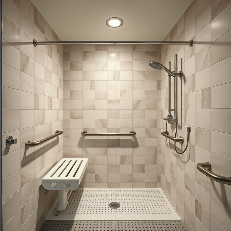 Chuveiro acessível com barras de apoio e assento.