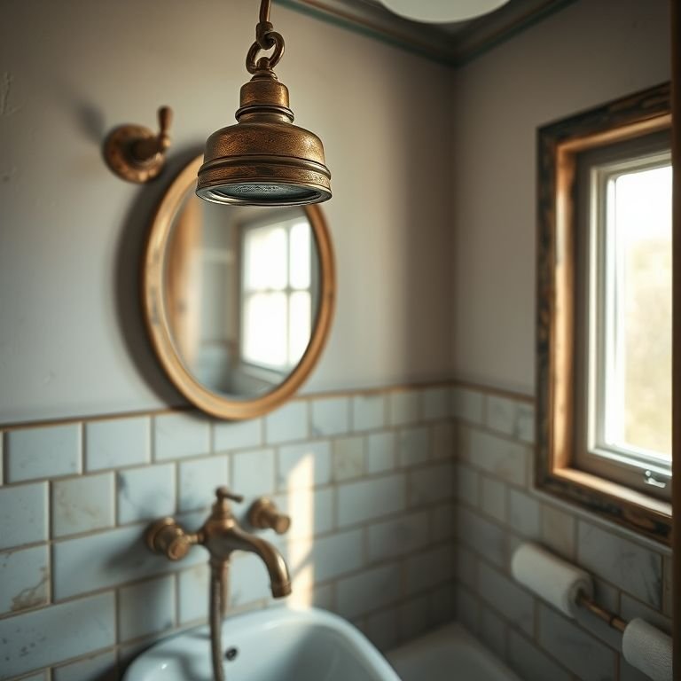 Chuveiro com acabamento envelhecido em um banheiro rústico moderno.