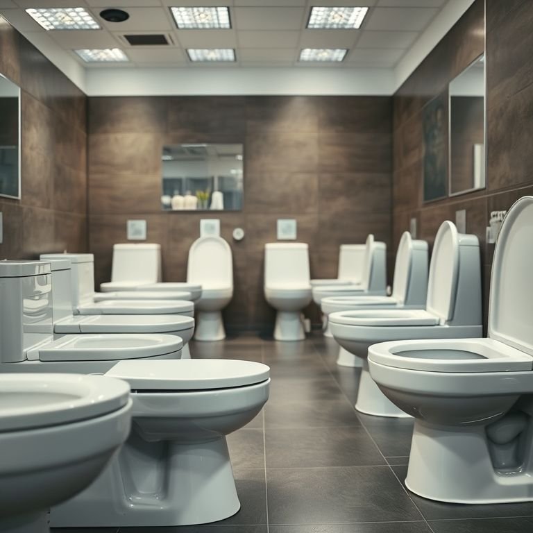 Close-up de vários modelos de vasos sanitários em um showroom de banheiros.