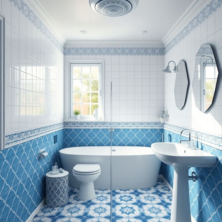 Combinação de azul e branco em um banheiro com azulejos geométricos e luz natural abundante.