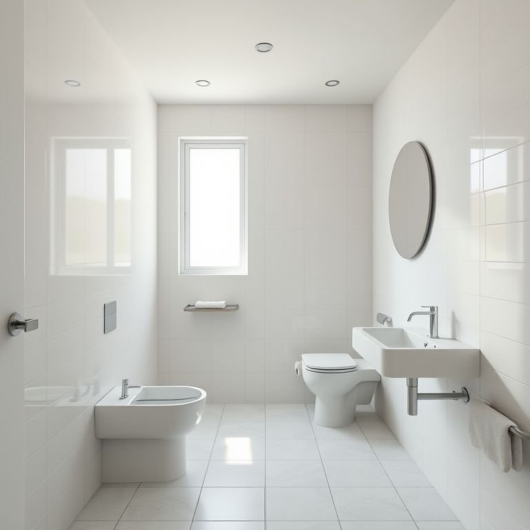 Cores claras e revestimentos inteligentes em banheiro pequeno.