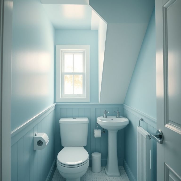 Cores claras em banheiro sob a escada.