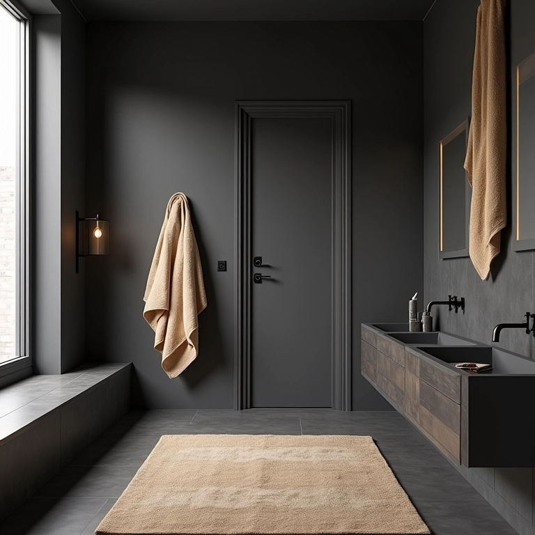 Cores complementares aquecendo um banheiro cinza e preto, com toalhas em tons quentes e detalhes em madeira.