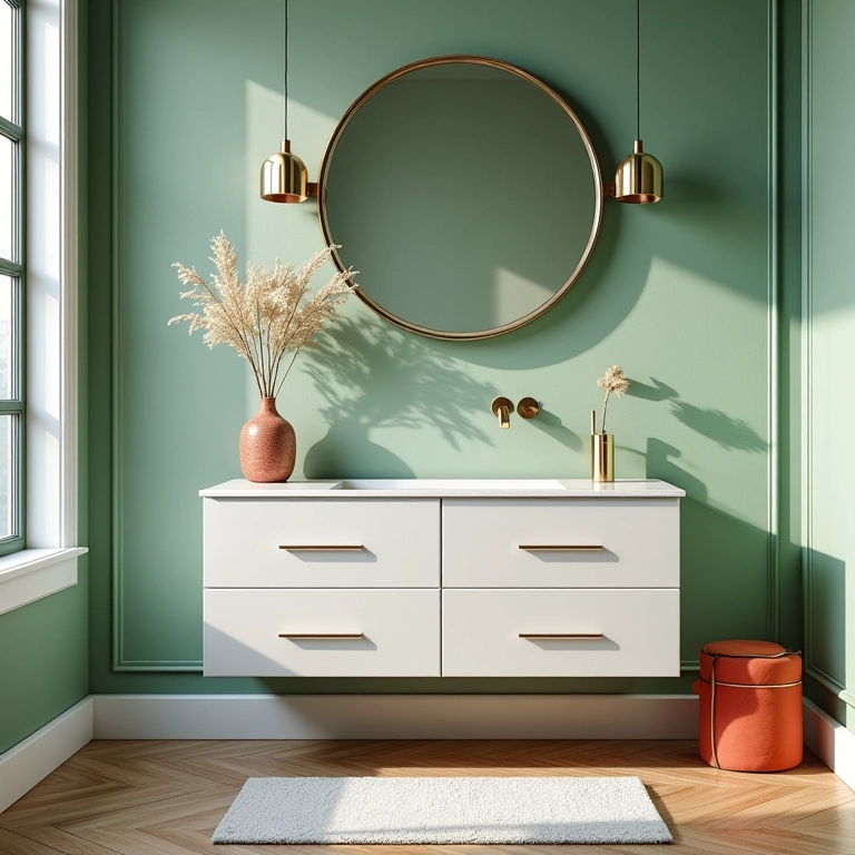 Cores complementares em banheiro verde e branco: dourado e coral.