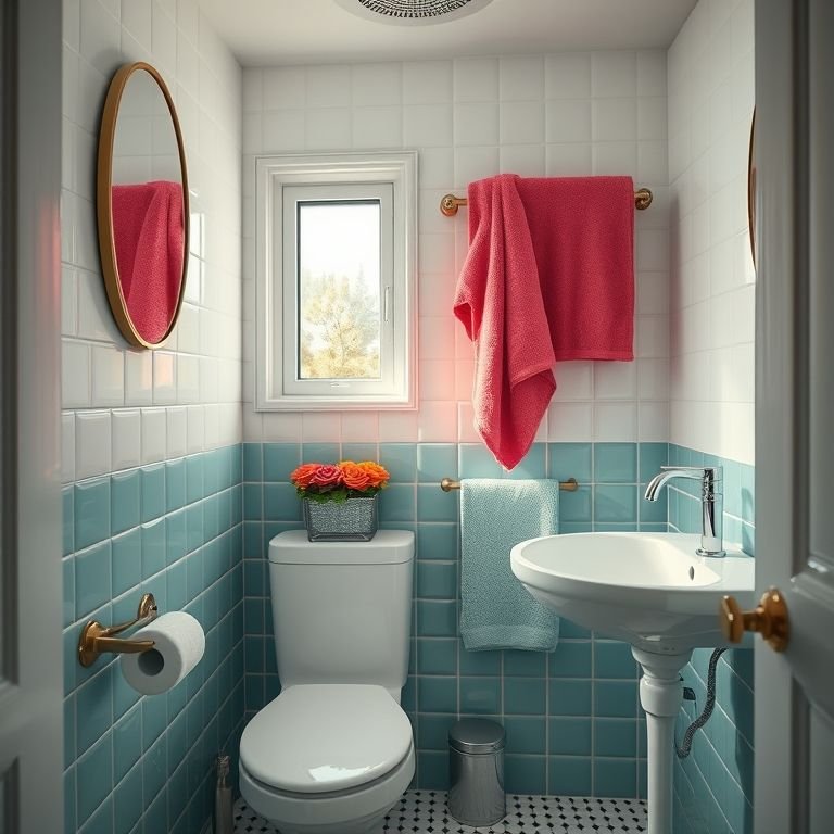 Cores vibrantes em detalhes de um banheiro pequeno.