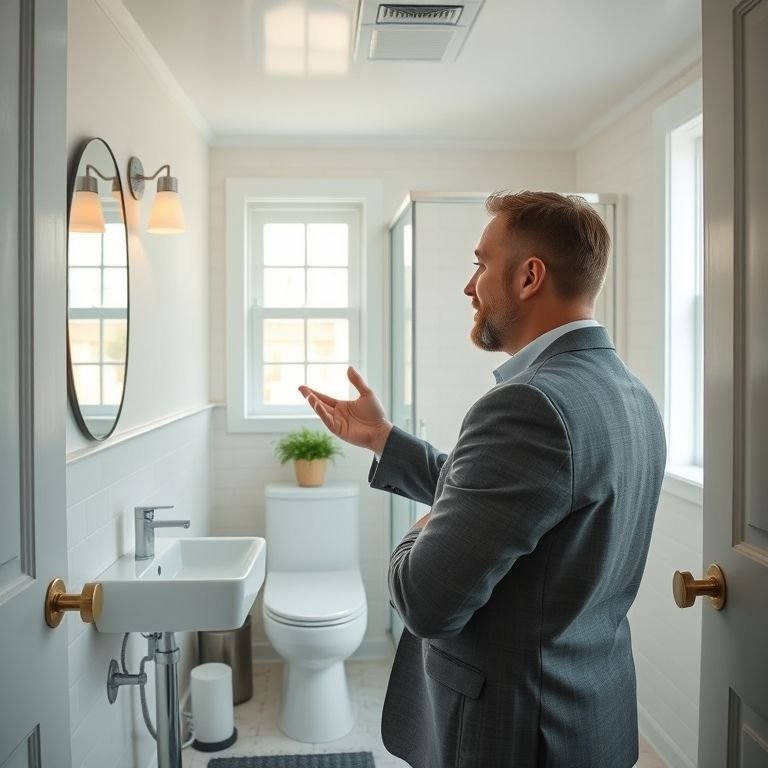 Corretor de imóveis mostrando um banheiro social bem conservado para um potencial comprador.