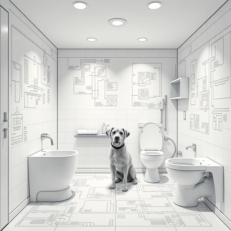 Croqui de arquiteta canina mostrando banheiro para cachorro com sistema de drenagem.