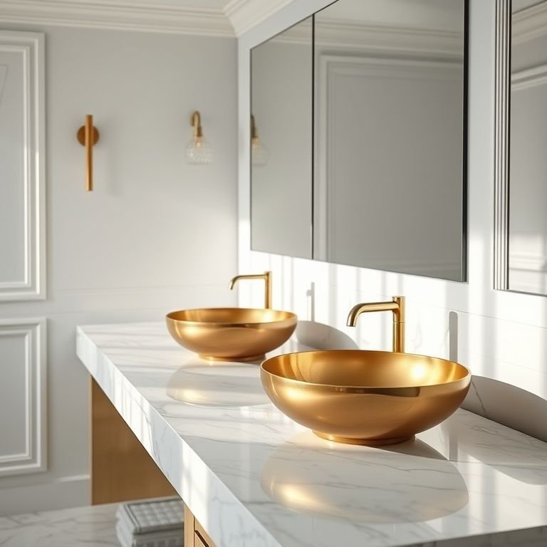 Cubas de Apoio Douradas Deca em um banheiro luxuoso.