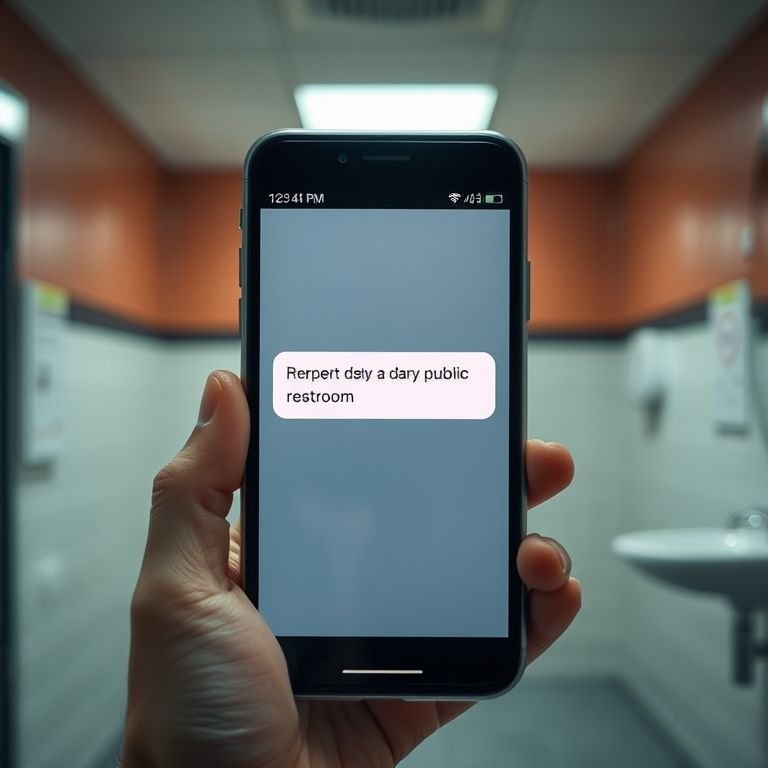 Denúncia de banheiro público sujo via mensagem de celular.
