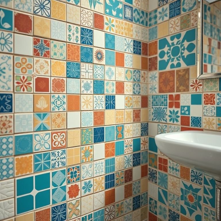 Detalhe de banheiro com revestimentos coloridos e personalizados.