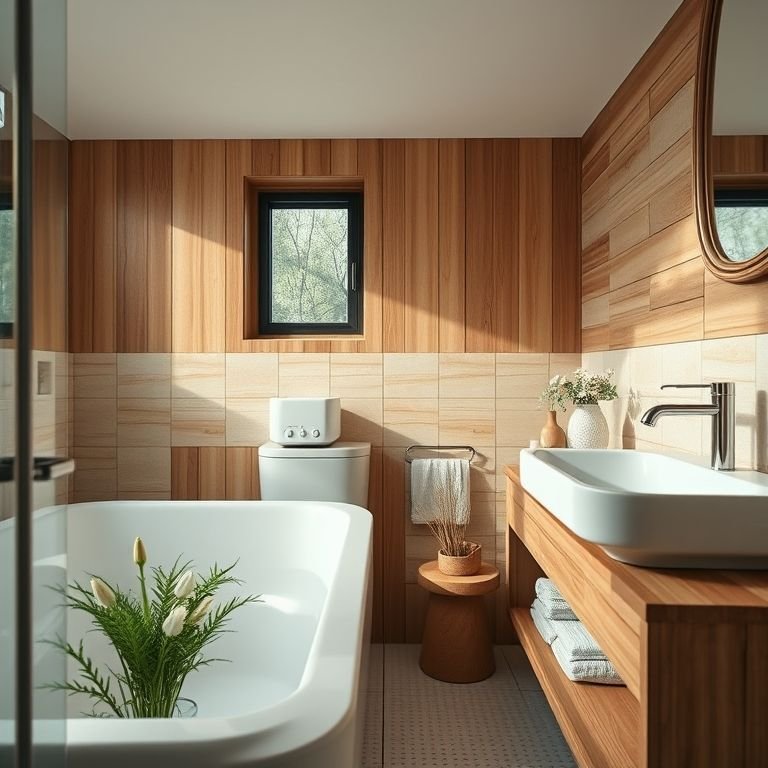 Detalhe de elementos de madeira no banheiro.