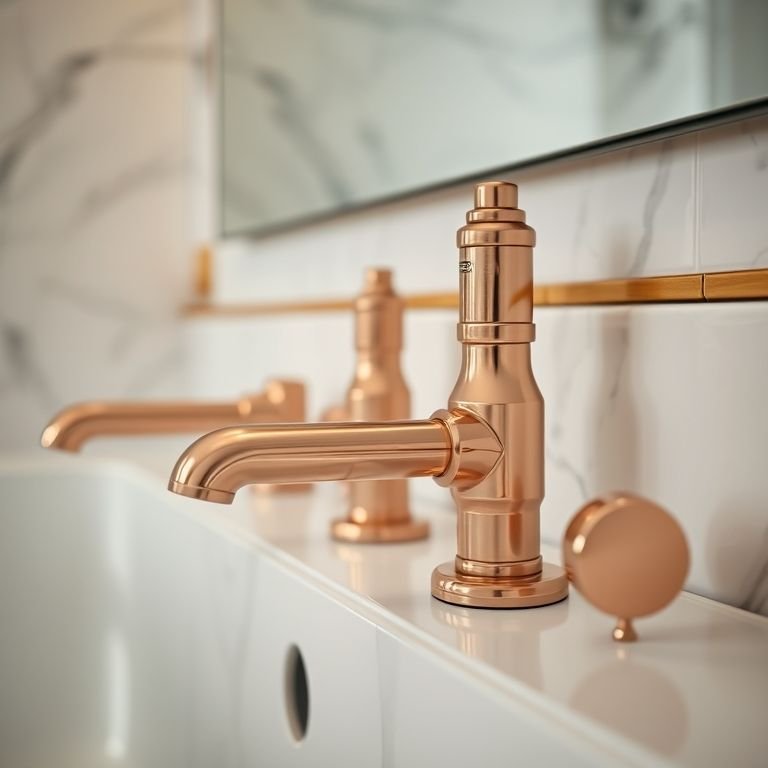 Detalhe de metais rose gold em um banheiro moderno.